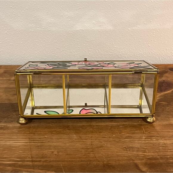Vintage Stained Glass Jewelry Trinket Box Pink Rose Floral Brass - Picture 4 of 11